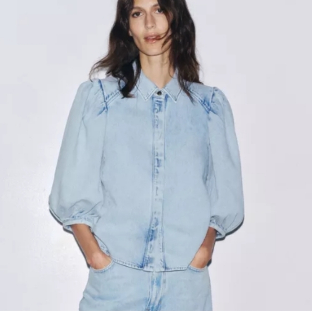 Zara Zw Collection Light Blue Denim Shirt With Puffed Sleeves Sz-XL - Picture 5 of 10